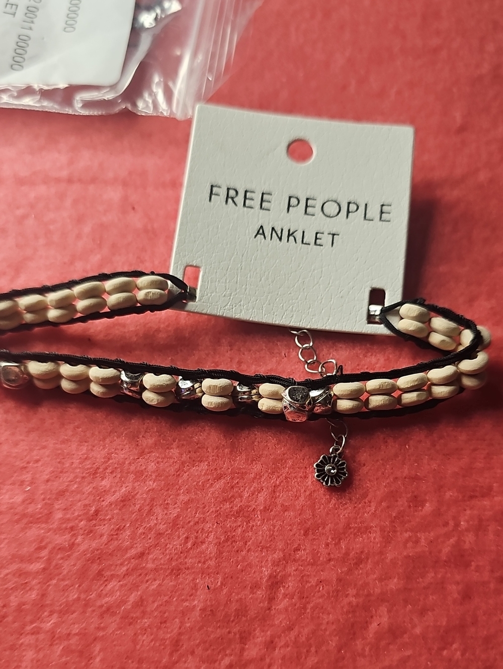 Free People Cream Bead & Black Cord Anklet with Daisy Charm